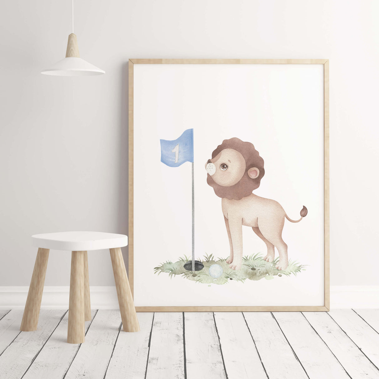 Watercolor golf animal printable with lion for baby boys room decor and toddler room decor, sport nursery decor.