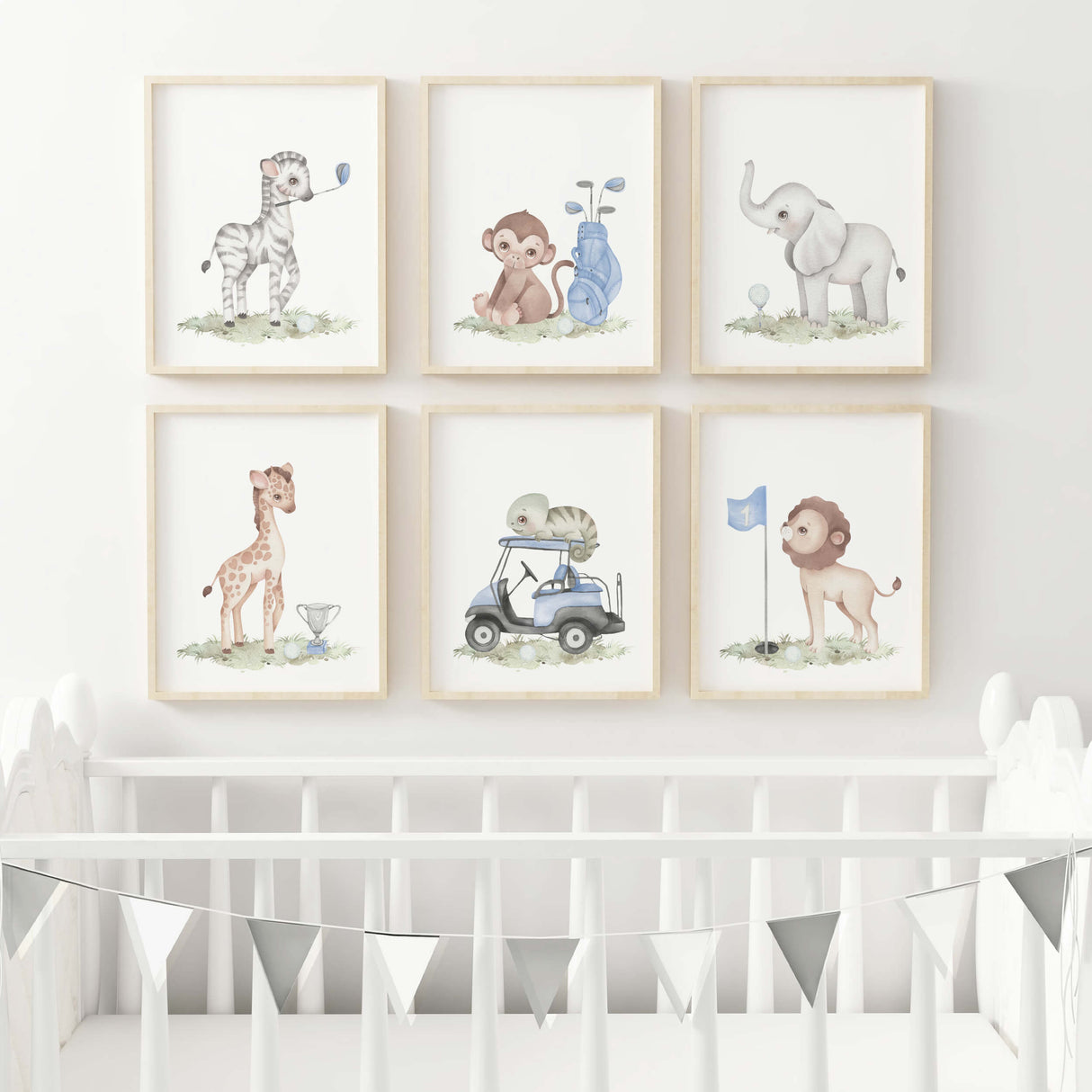 Watercolor golf animal poster with safari animals for baby boys room decor and toddler room decor, sport nursery decor.