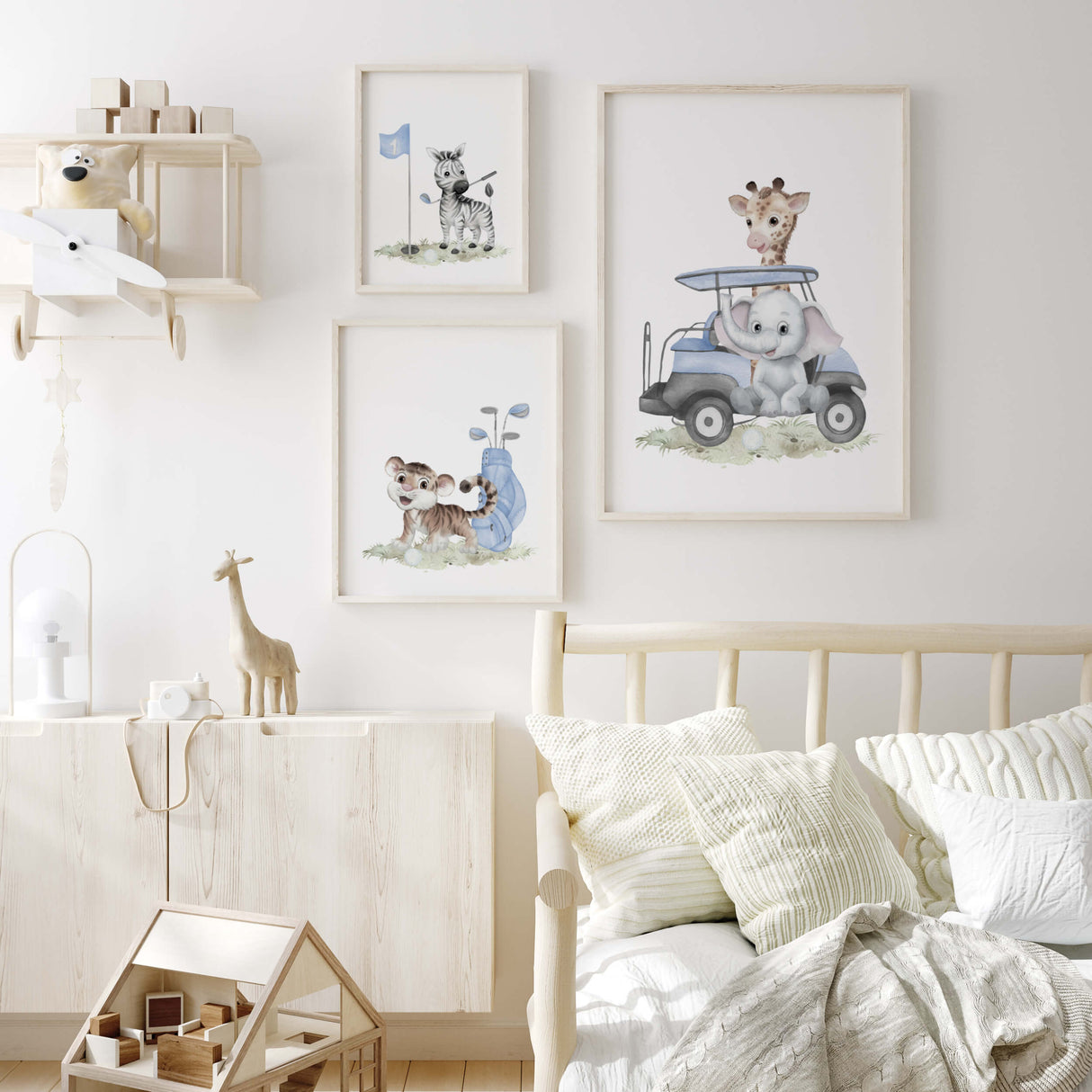 Set of 3 watercolor golf poster with safari animal: elephant, giraffe, zebra and tiger in blue color for boys room decor and toddler room decor.