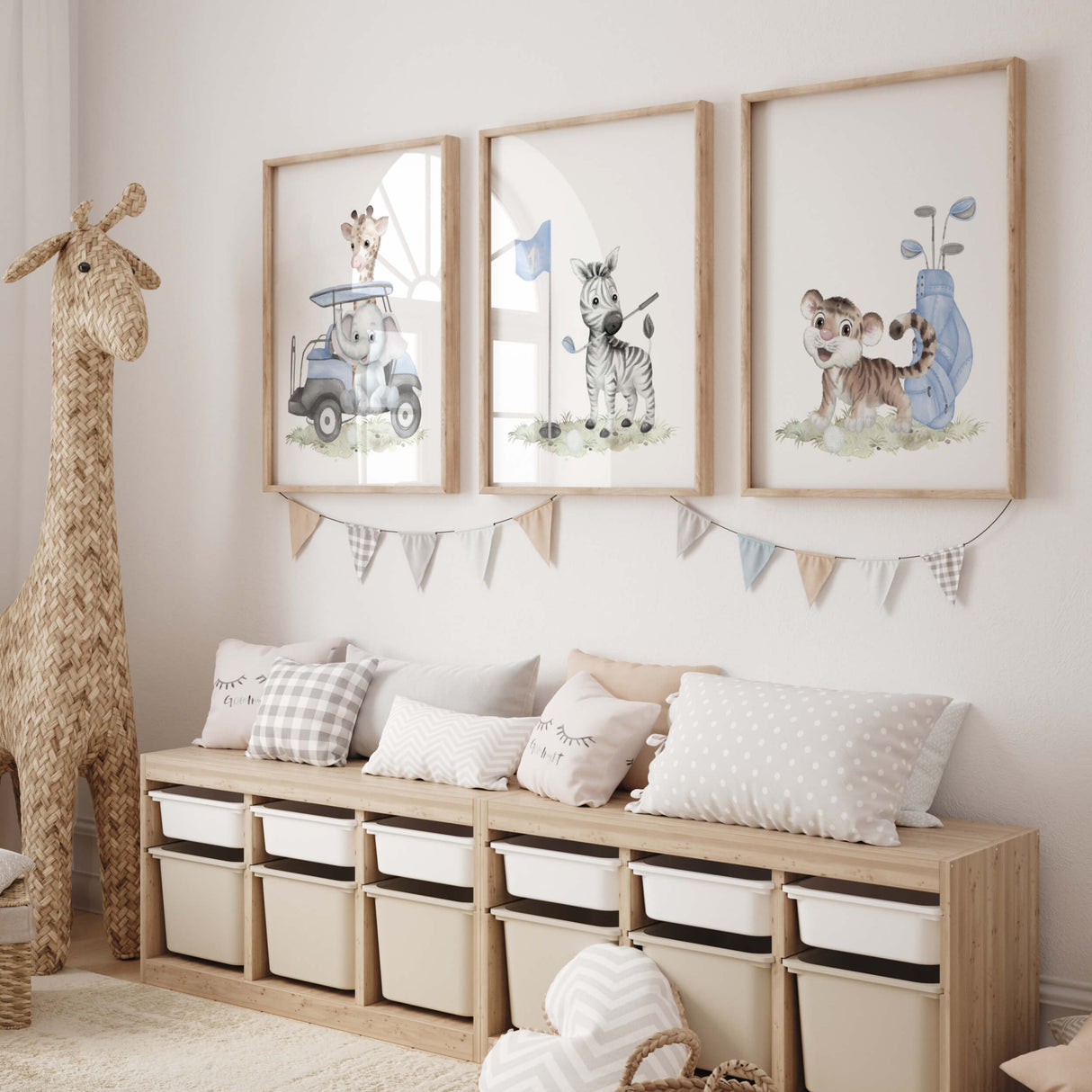Set of 3 watercolor watercolor golf print with safari animal: elephant, giraffe, zebra and tiger in blue color for boys room decor and toddler room decor.
