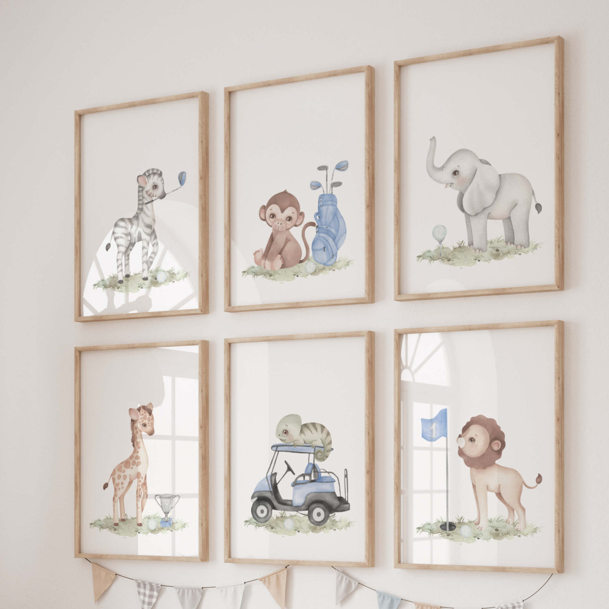 Watercolor golf animal print with zebra, monkey, elephant, giraffe, lion, chameleon for baby boys room decor and toddler room decor.