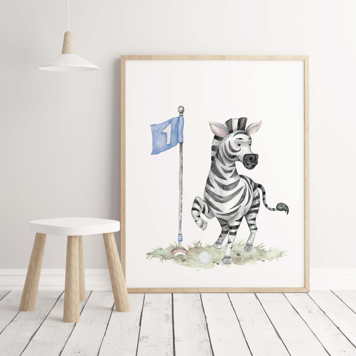 Watercolor golf safari print with zebra in blue, gray, brown colors for baby boys room decor and toddler room decor.