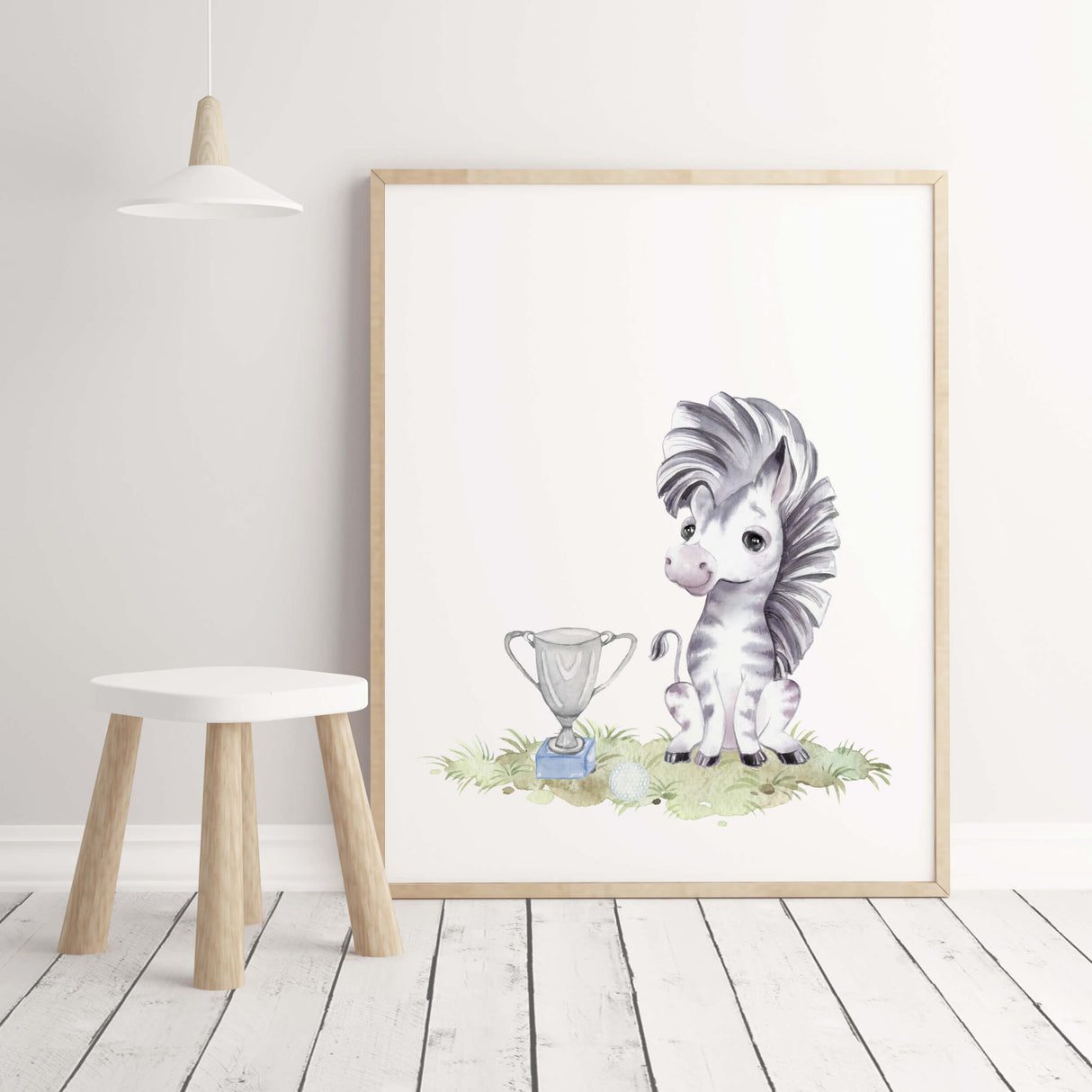Watercolor golf nursery print with zebra with brown, gray, blue colors for baby boys room decor, toddler room decor.