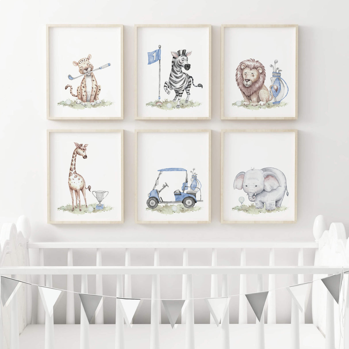 Watercolor golf safari animals poster in blue, gray, brown colors for baby boys room decor and toddler room decor.
