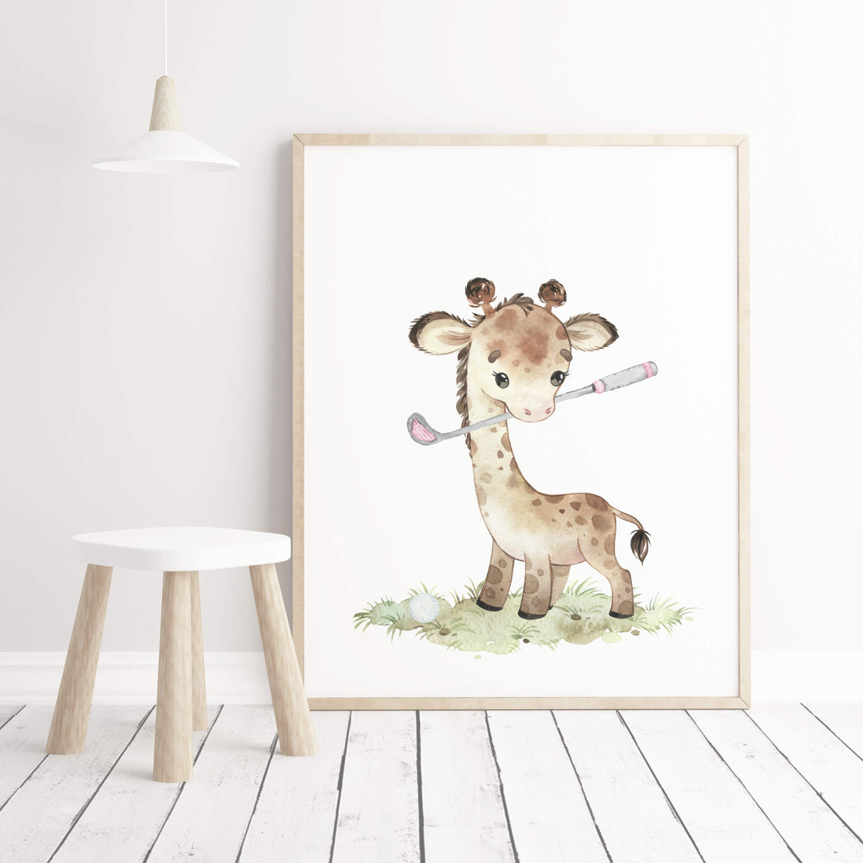 Watercolor safari animals with golf nursery printable with giraffe in gray, brown and pink colors for baby girls room decor and kids room decor.