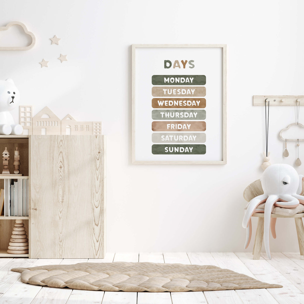 Watercolor days printable with sage green, brown, beige and gray colors for neutral nursery decor.