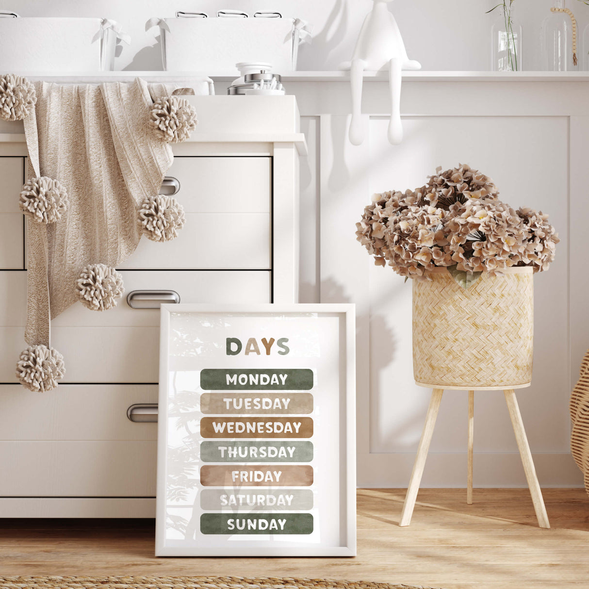 Educational watercolor days print with sage green, brown, beige and gray colors for boho nursery decor.