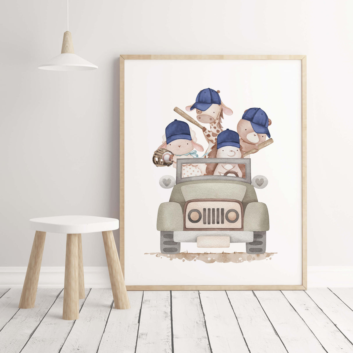 Watercolor baseball woodland animals print with woodland car in beige, brown and navy colors for toddler room decor and baby boys room decor.