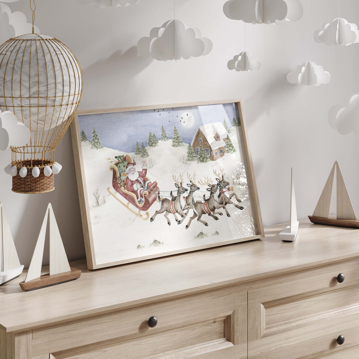 Winter Landscape Nursery Printable with Santa's Sleigh with Deer for christmas nursery decor.