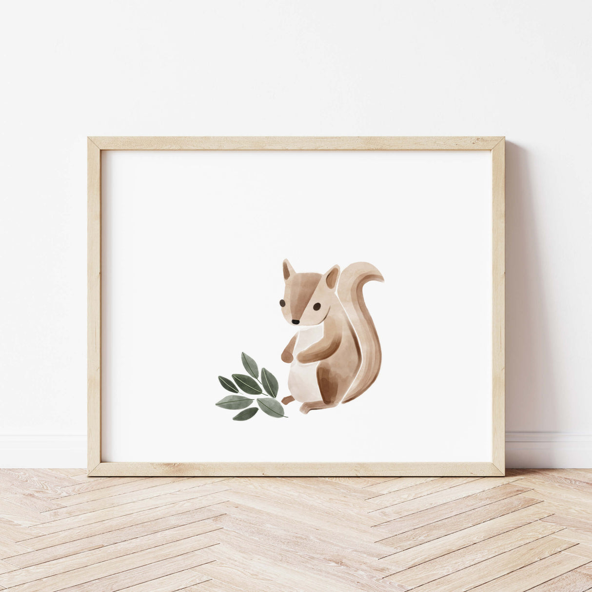 Watercolor squirell print with leaf in sage green, brown, gray color for gender neutral nursery decor.
