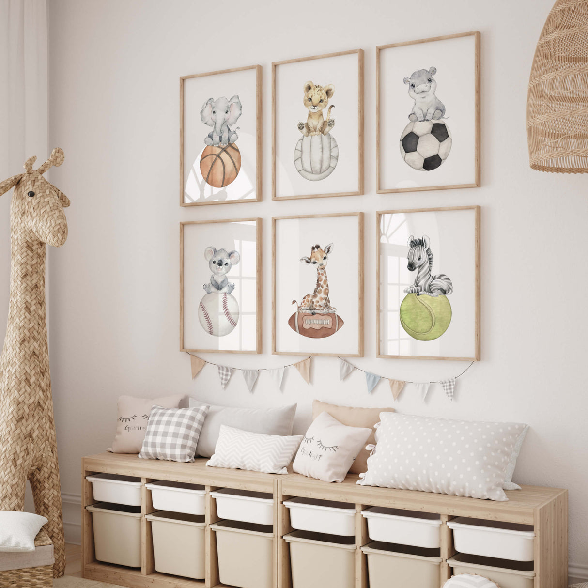 Watercolor sport nursery printable with basketball, volleyball, soccer, football, baseball, tennis ball, elephant, tiger, hippo, koala, giraffe, zebra for gender neutral nursery decor, toddler room decor, boys room decor.