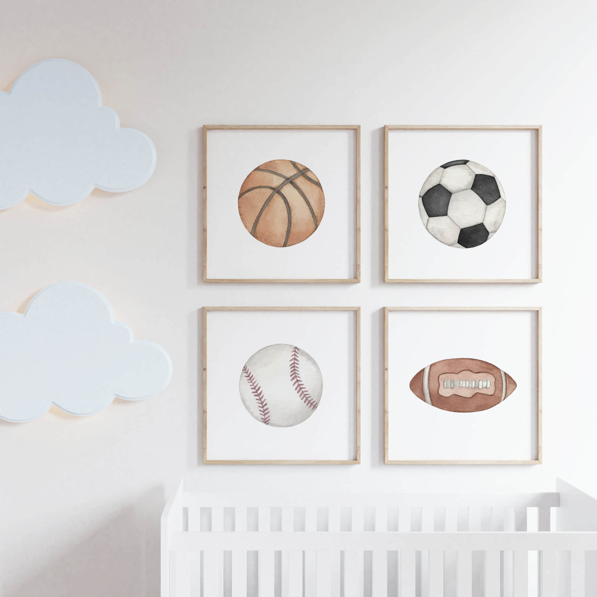 Set of 4 watercolor sports ball print with football, soccer ball, basketball and baseball for neutral nursery decor, toddler room decor, boys room decor and kids room decor.