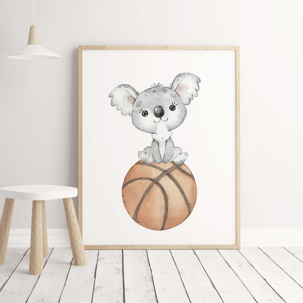 Watercolor koala with basketball print for kids room and nursery decor.