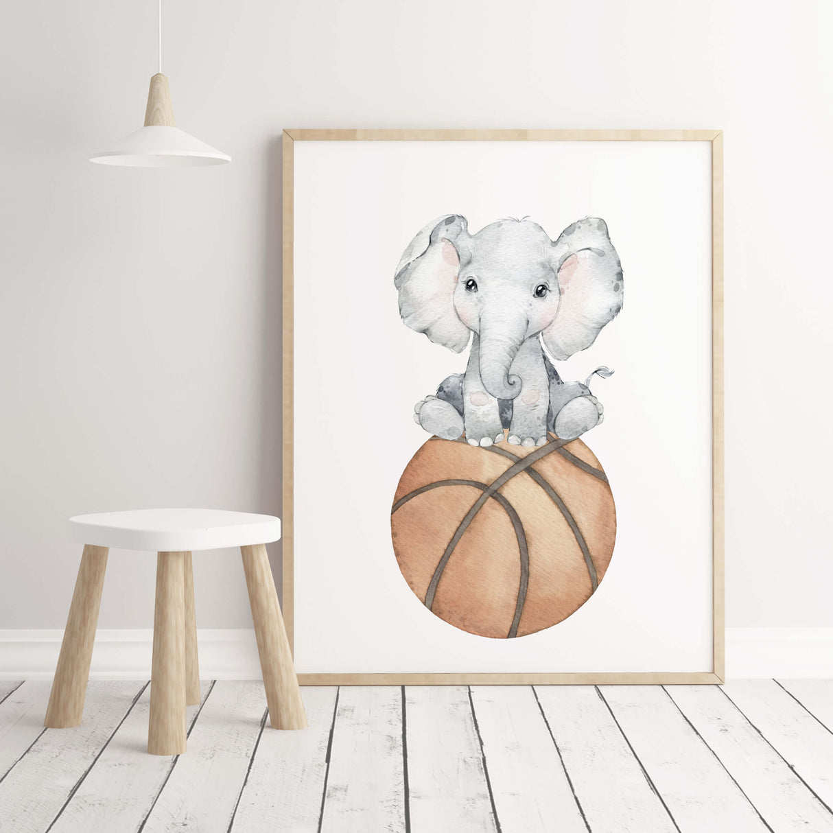 Watercolor sport nursery poster with elephant, basketball for gender neutral nursery decor, toddler room decor, boys room decor.