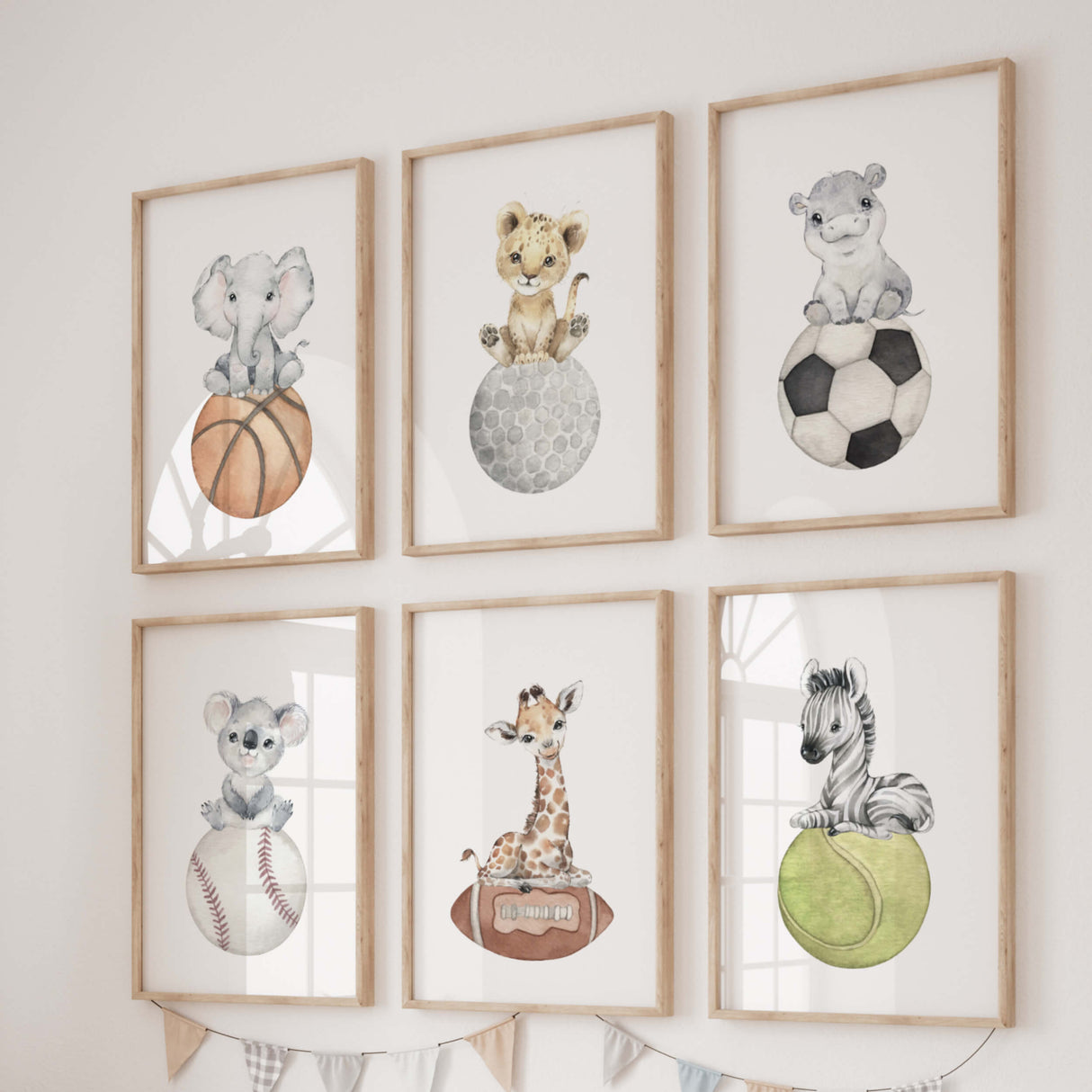 Watercolor sport nursery print with sport balls and safari animals for gender neutral home decor, boys room decor, toddler room decor.
