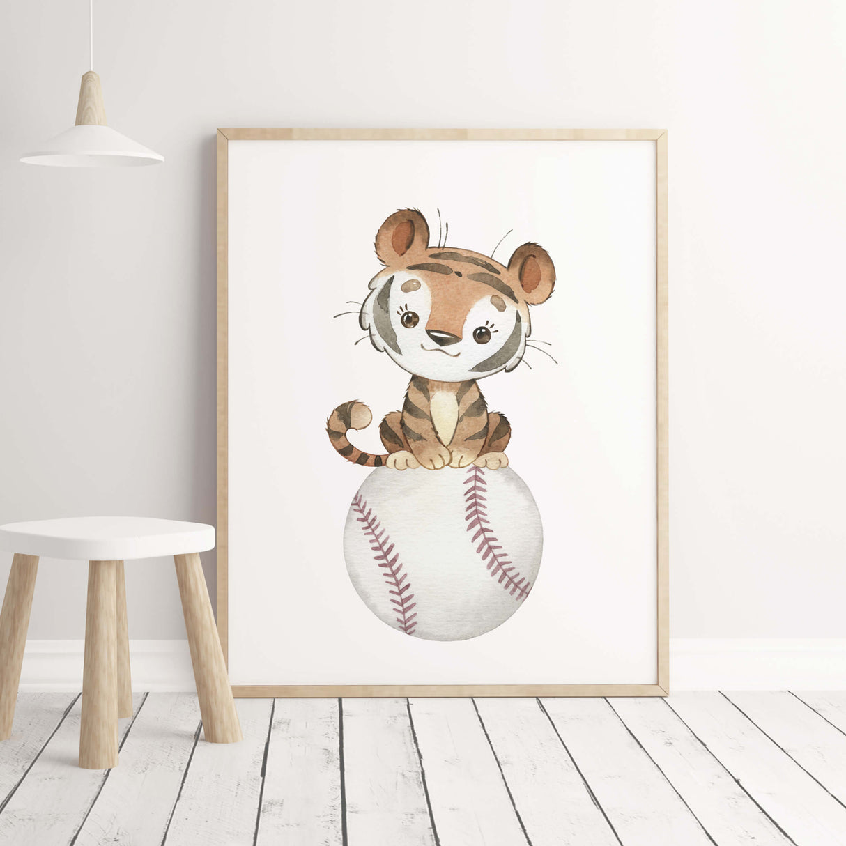 Watercolor baseball with tiger print for nursery wall decor.