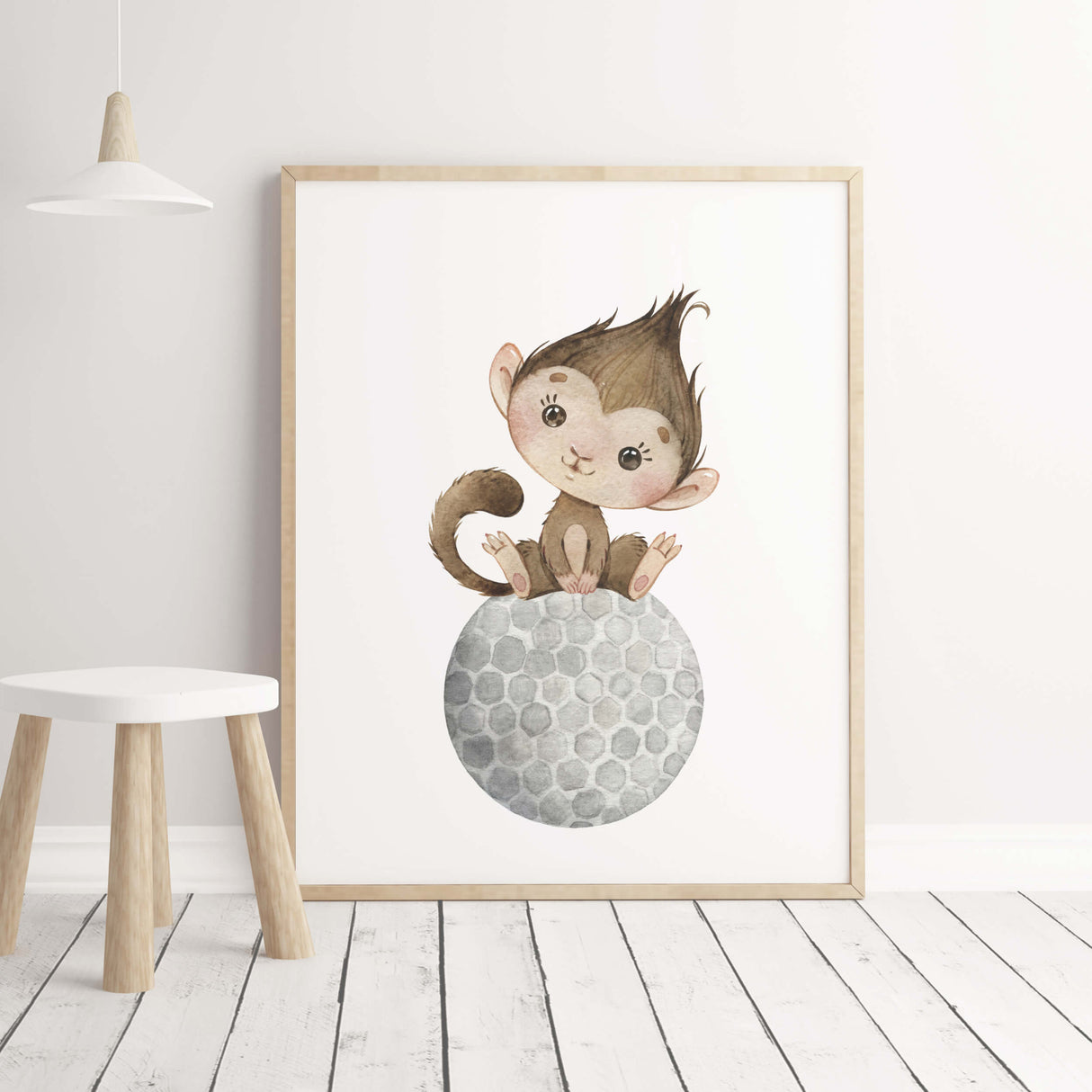 Watercolor monkey with golf for boys and girls room decor.