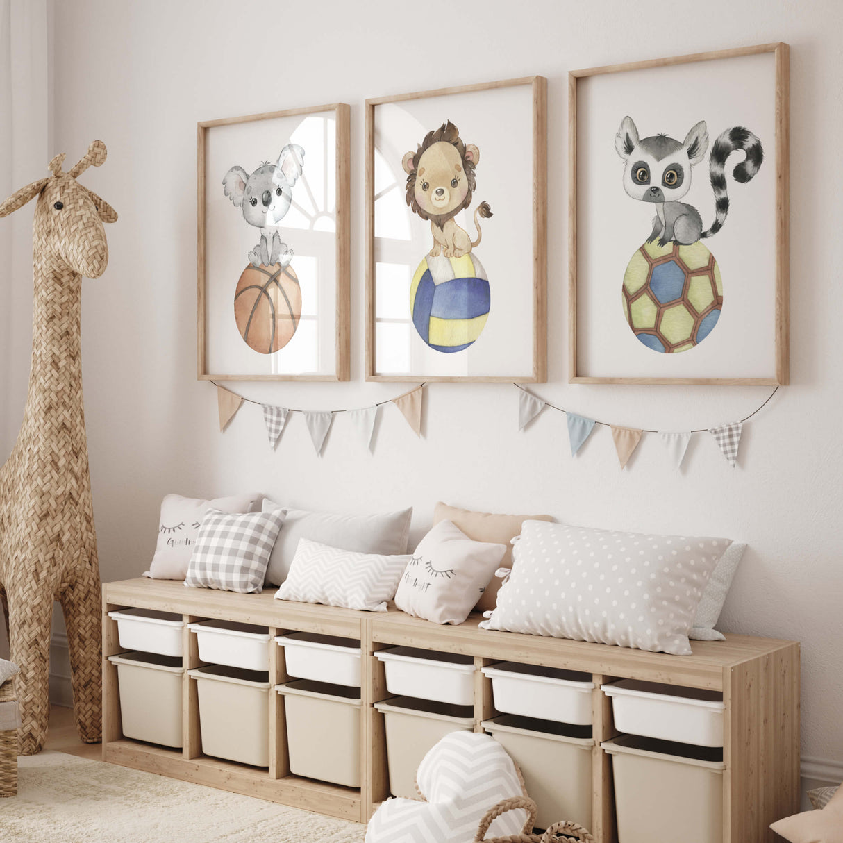 Watercolor sport ball printable with basketball, handball, water polo, koala, lion, lemur for gender neutral nursery decor and kids room decor