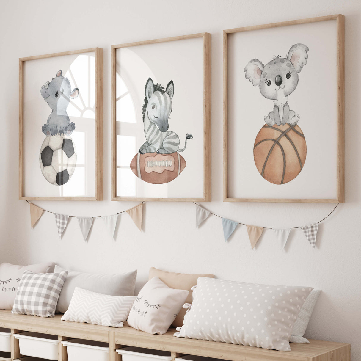 Watercolor sport nursery printable with soccer, football, basketball, rhino, zebra, koala for baby boys room decor, toddler room decor, and gender neutral nursery decor.