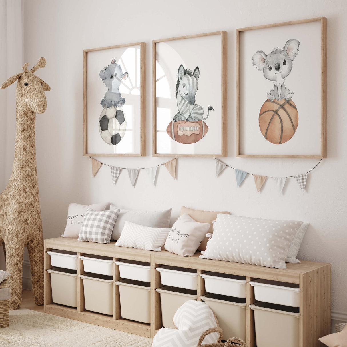 Watercolor sport nursery print with soccer, football, basketball, rhino, zebra, koala for baby boys room decor, toddler room decor, and gender neutral nursery decor.