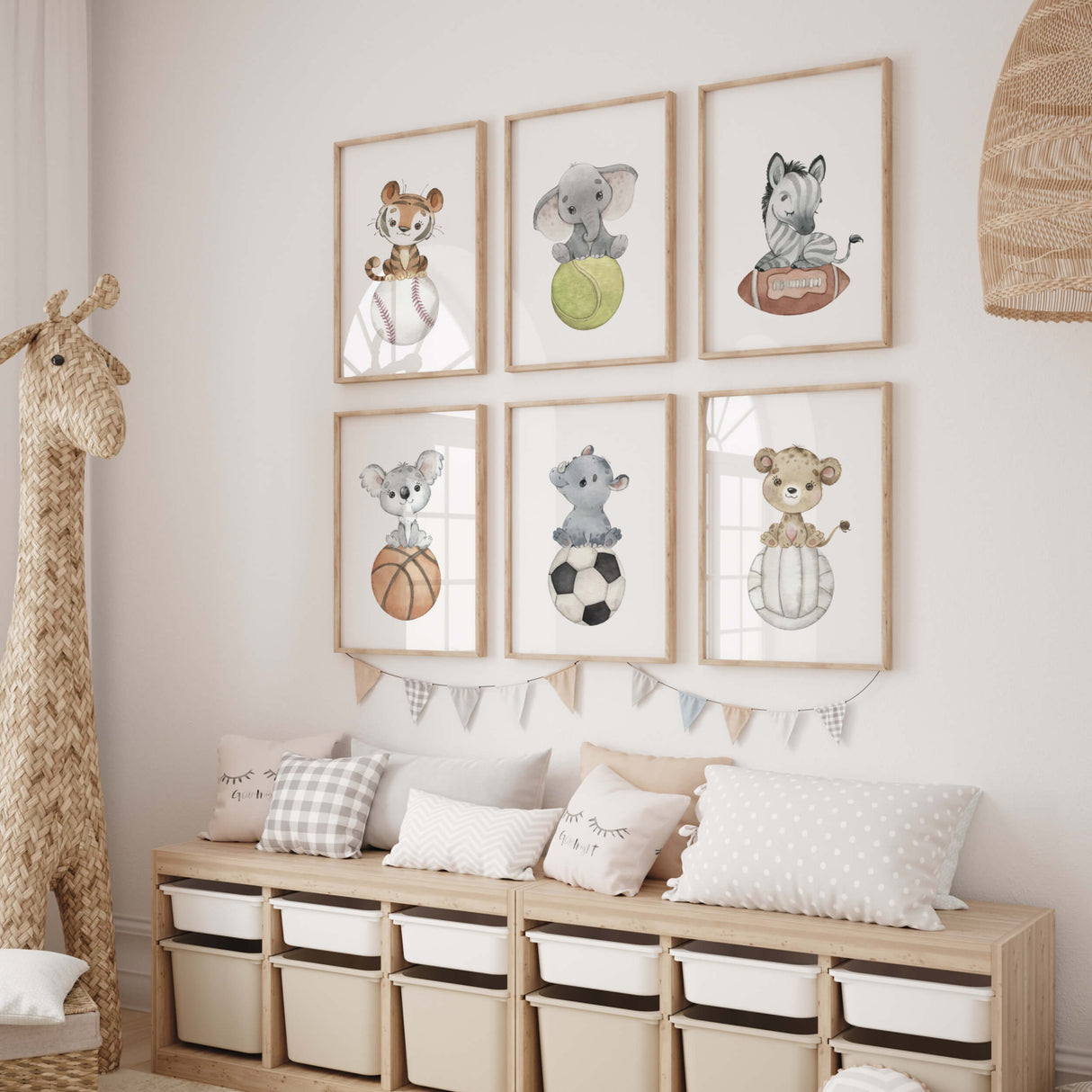Watercolor safari animals with sport ball printable for kids room and nursery decor.