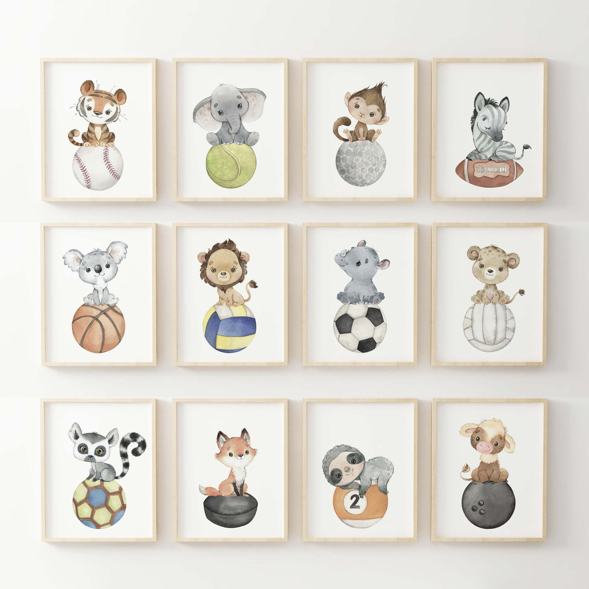 Set of 12 includes sport ball nursery print: Baseball with tiger Tennis ball with elephant Golf ball with monkey Football with zebra Basketball with koala Waterpolo with lion Soccer ball with hippo Volleyball with lion baby Handball with lemur Hockey with fox Pool Ball with Bowling ball with cow Pool Ball with Sloth 