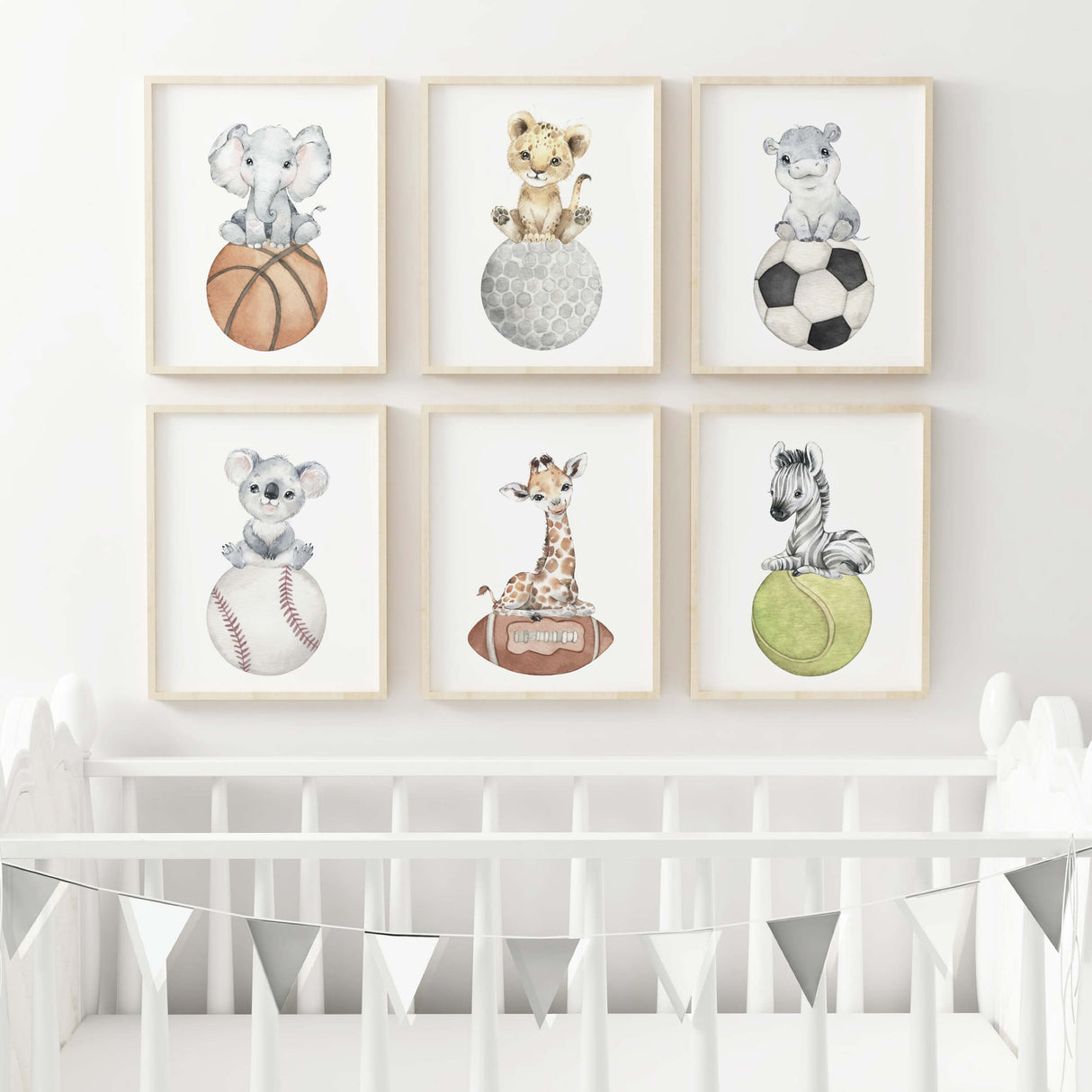 Sports Ball Nursery Prints with Safari Animals - Set of 6
