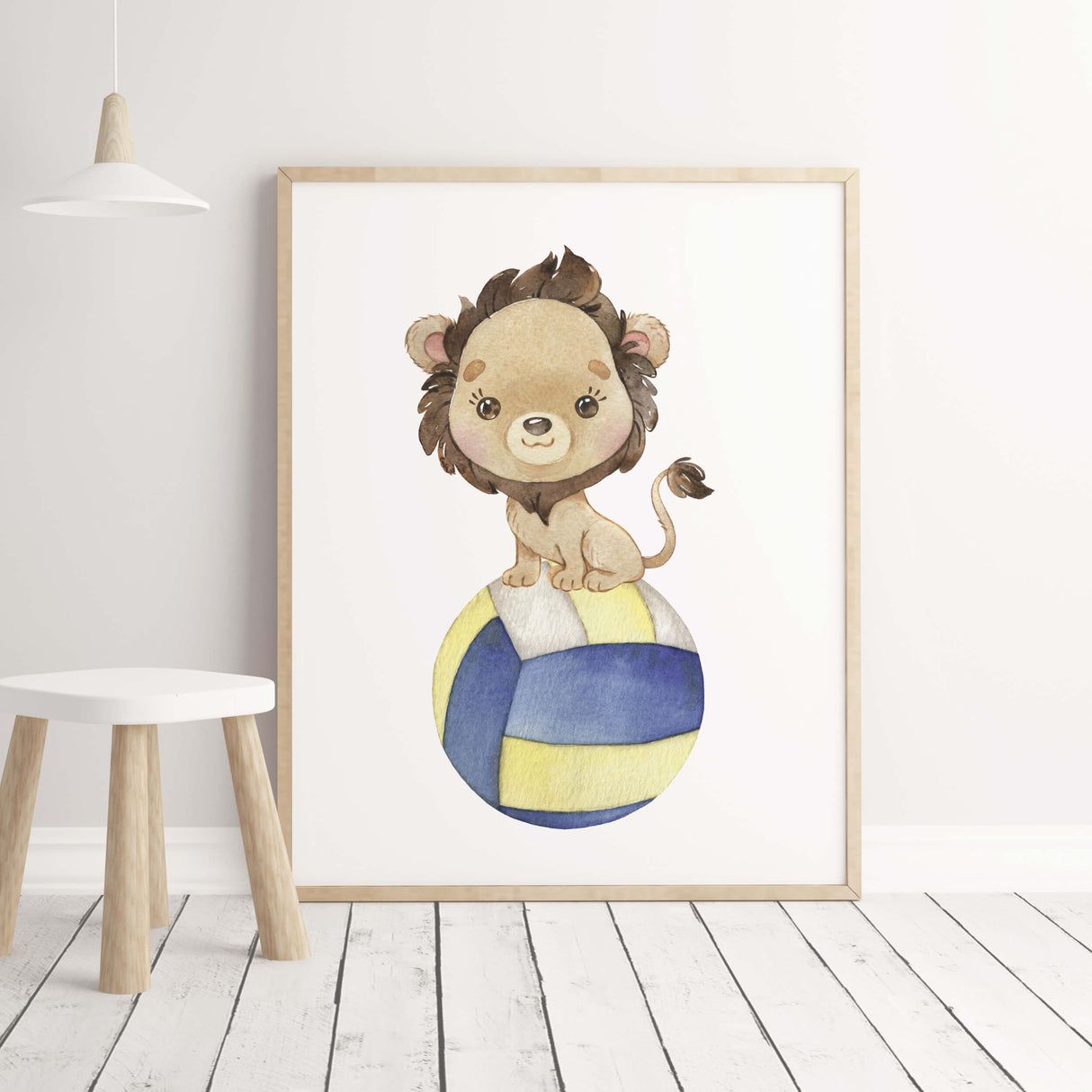 Watercolor lion with water polo print for kids room and nursery decor.