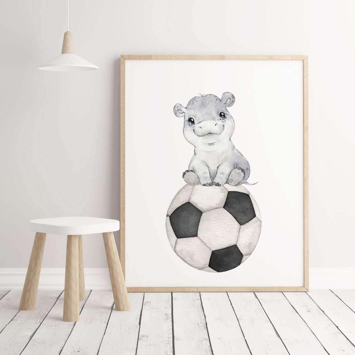 Watercolor sport nursery print with hippo and soccer for gender neutral nursery decor, toddler room decor, boys room decor.