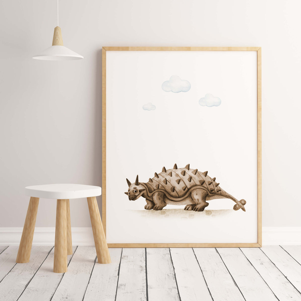 Watercolor dinosaur print in brown for gender neutral nursery decor, baby boys room decor, toddler room decor.