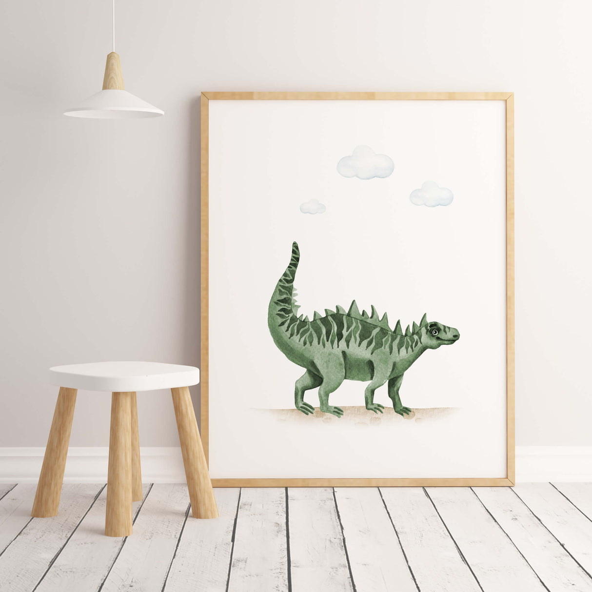 Watercolor dinosaur print in sage green for gender neutral nursery decor, baby boys room decor, toddler room decor.