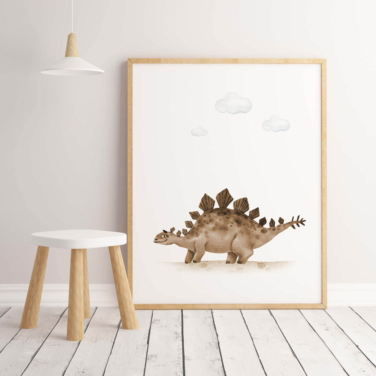 Watercolor dinosaur poster in sage green, brown colors for gender neutral nursery decor, baby boys room decor, toddler room decor.