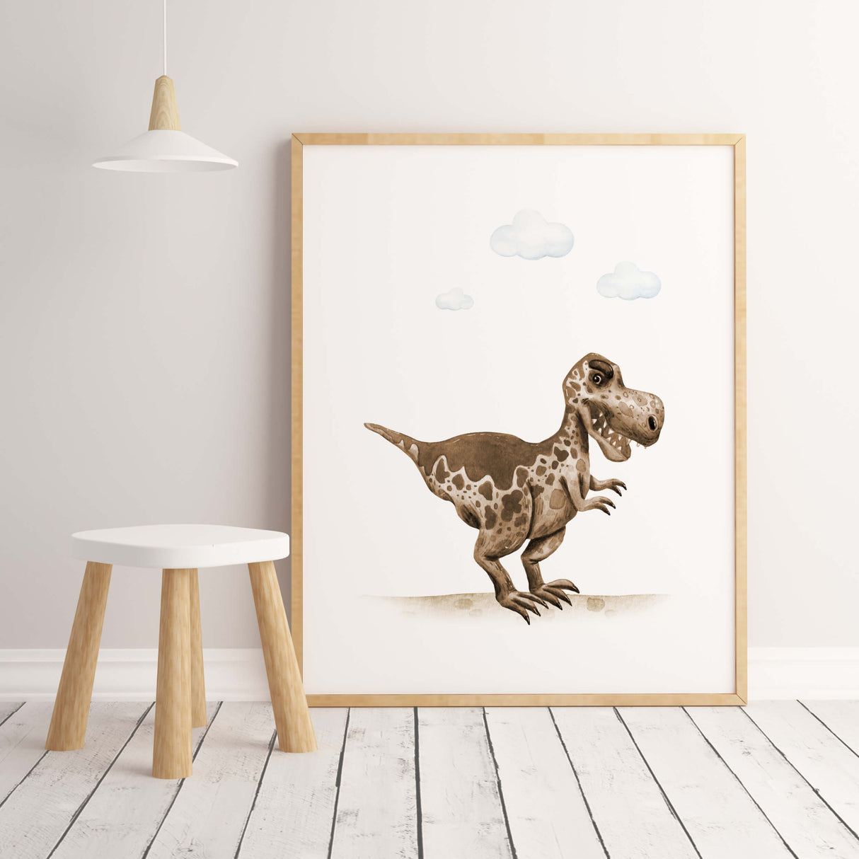 Watercolor dinosaur printable in sage green, brown colors for gender neutral nursery decor, baby boys room decor, toddler room decor.