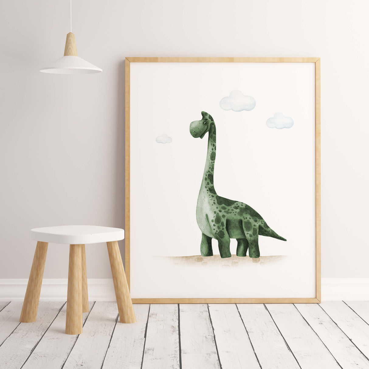 Watercolor dinosaur print in sage green for gender neutral nursery decor, baby boys room decor, toddler room decor.