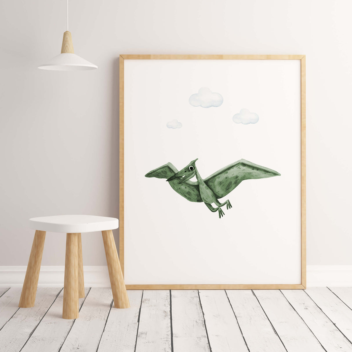 Watercolor dinosaur print in sage green for gender neutral nursery decor, baby boys room decor, toddler room decor.
