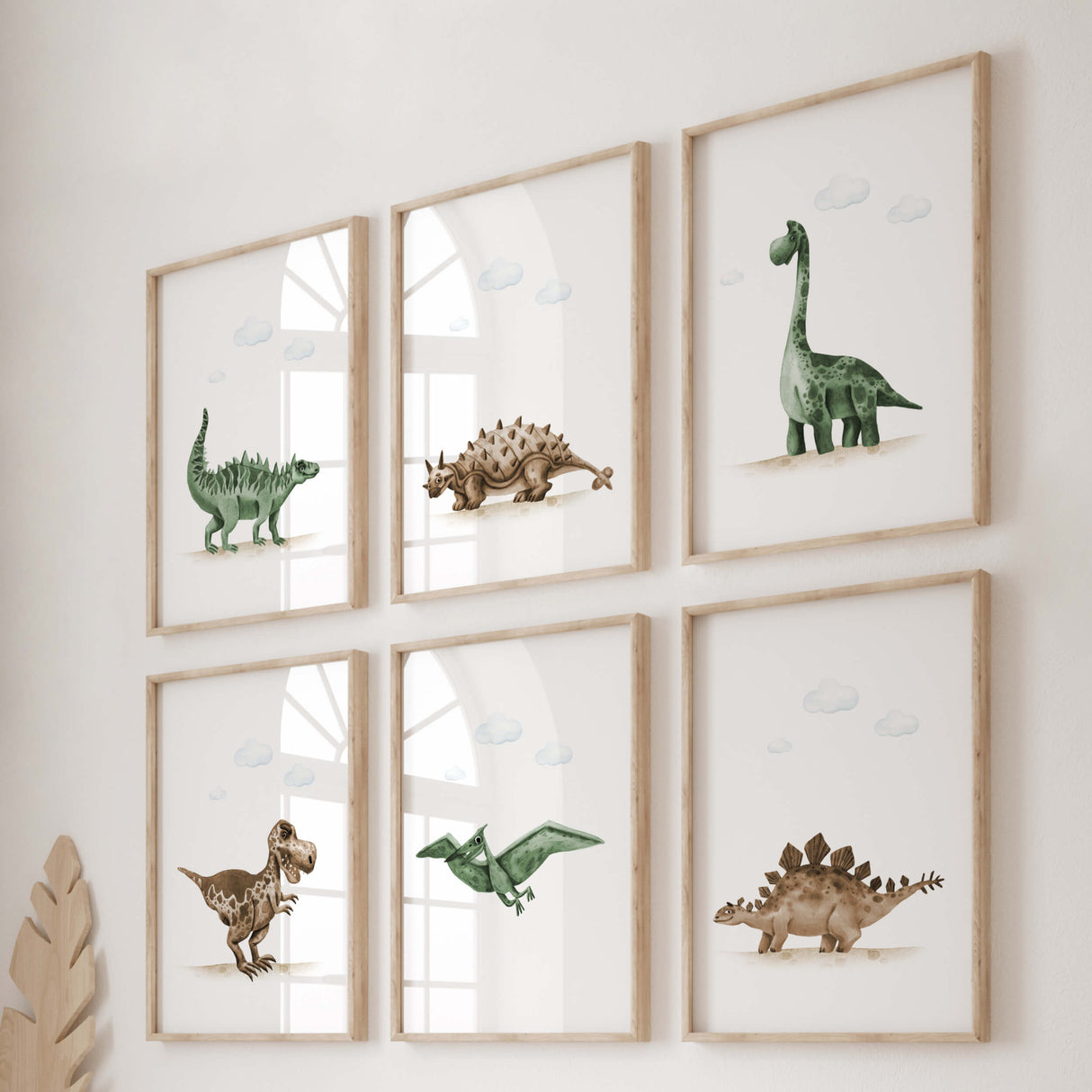 Watercolor dinosaur print in sage green, brown colors for gender neutral nursery decor, baby boys room decor, toddler room decor.