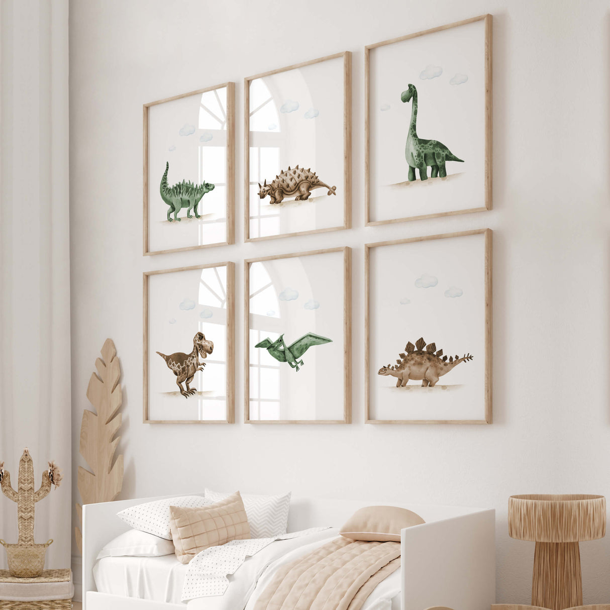 Watercolor dinosaur printable in sage green, brown colors for gender neutral nursery decor, baby boys room decor, toddler room decor.