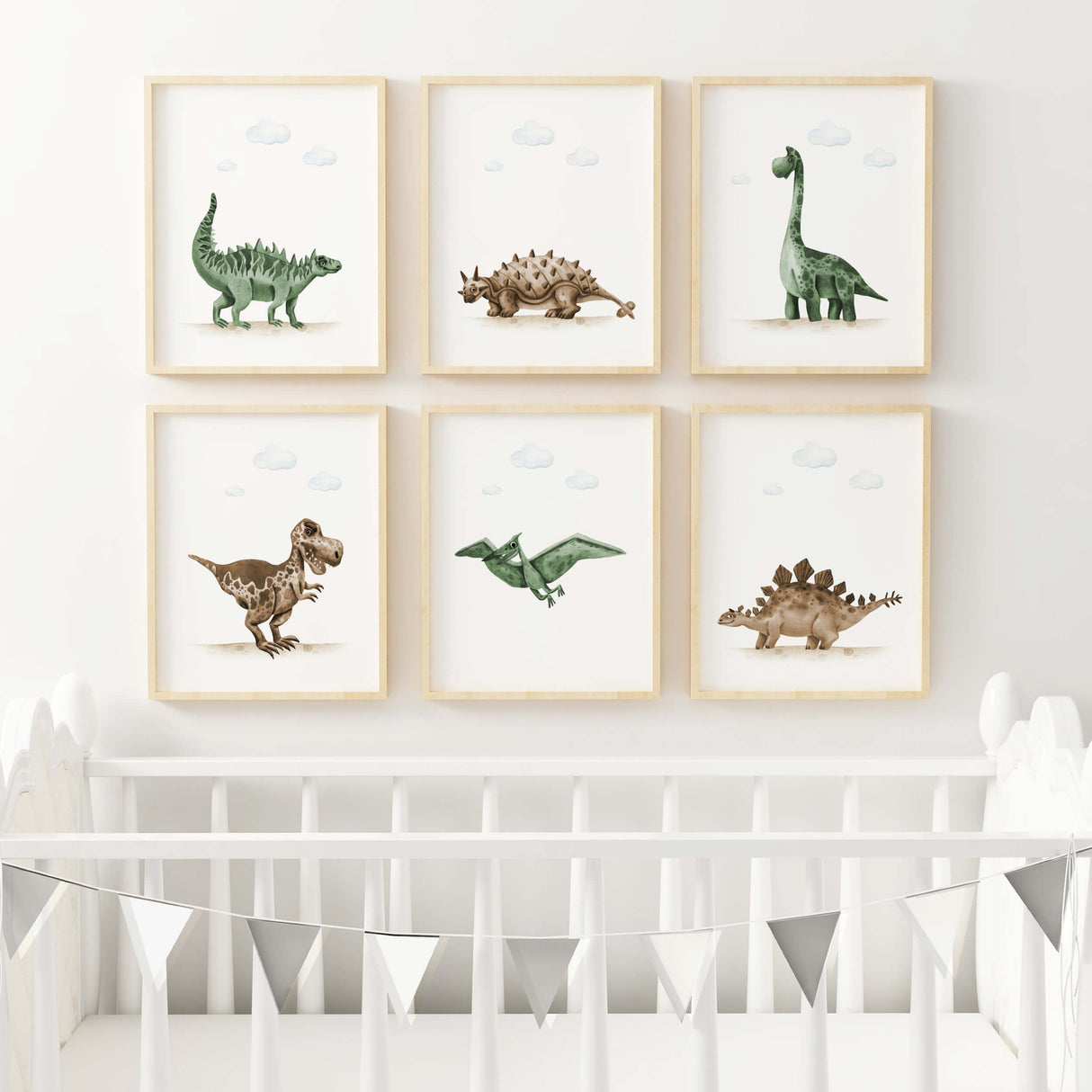 Watercolor dinosaur poster in sage green, brown colors for gender neutral nursery decor, baby boys room decor, toddler room decor.
