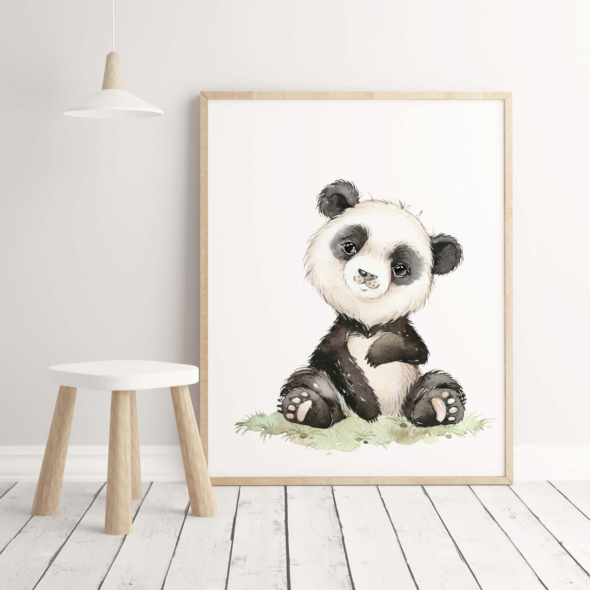 Watercolor safari animal with panda print for gender neutral nursery decor and ideas, boho nursery decor.