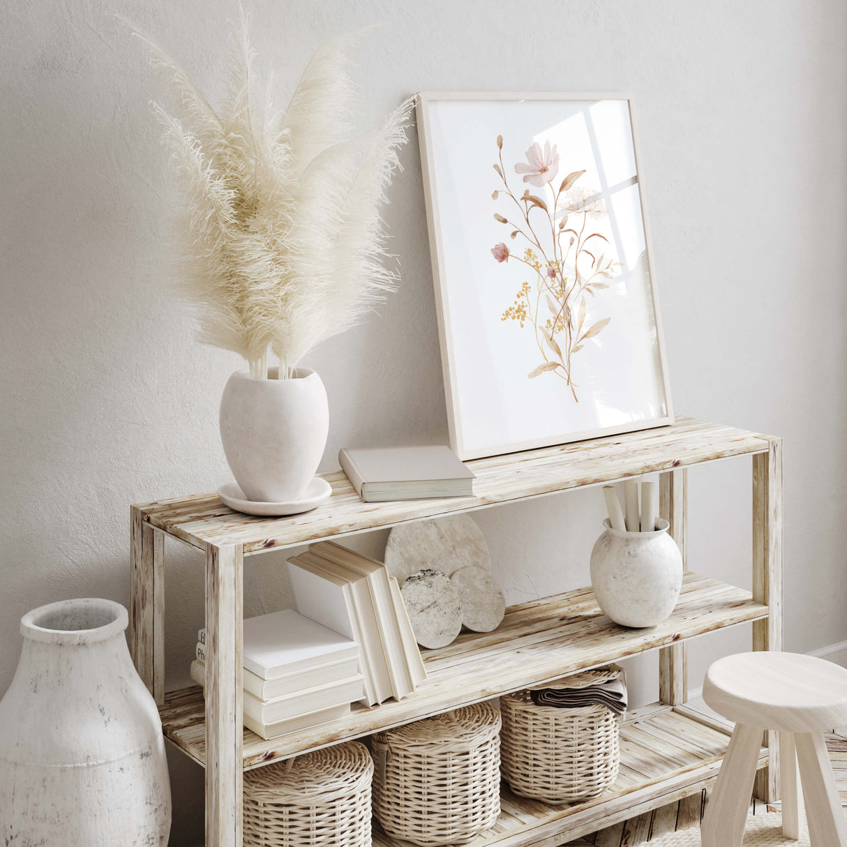 Set of 3 watercolor beige light pink flower print for pink beige home decor.