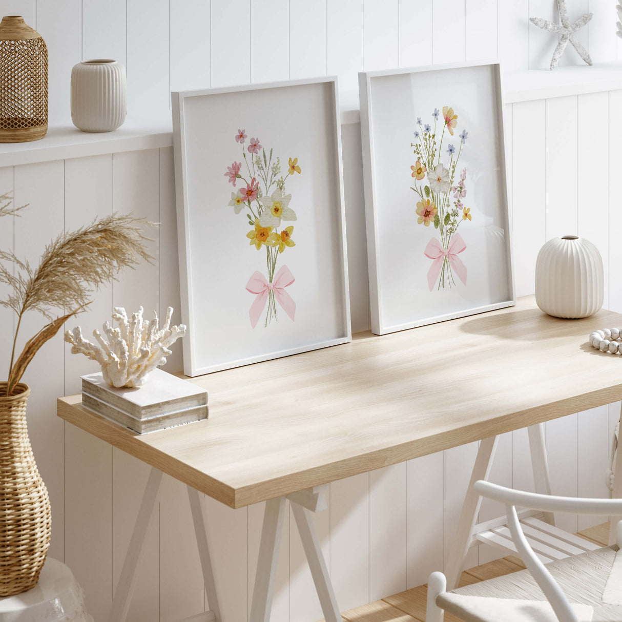 floral printable poster bundle with pink ribbon feminine wildflowers wall art for girls room