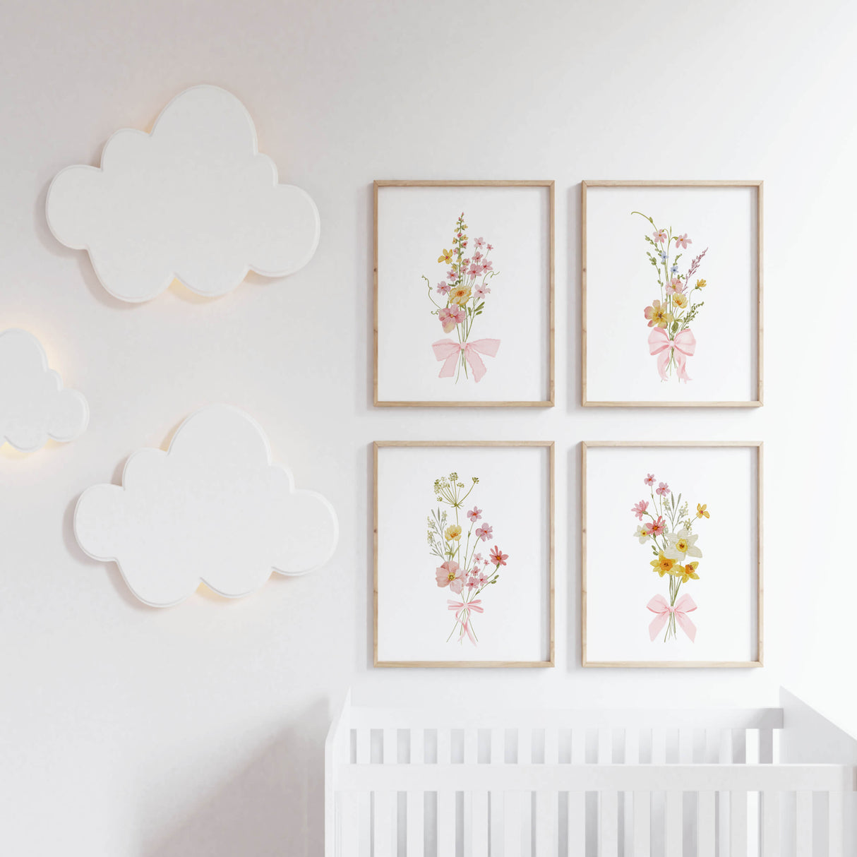 spring wildflower digital wall art pastel bouquet pink bow print set