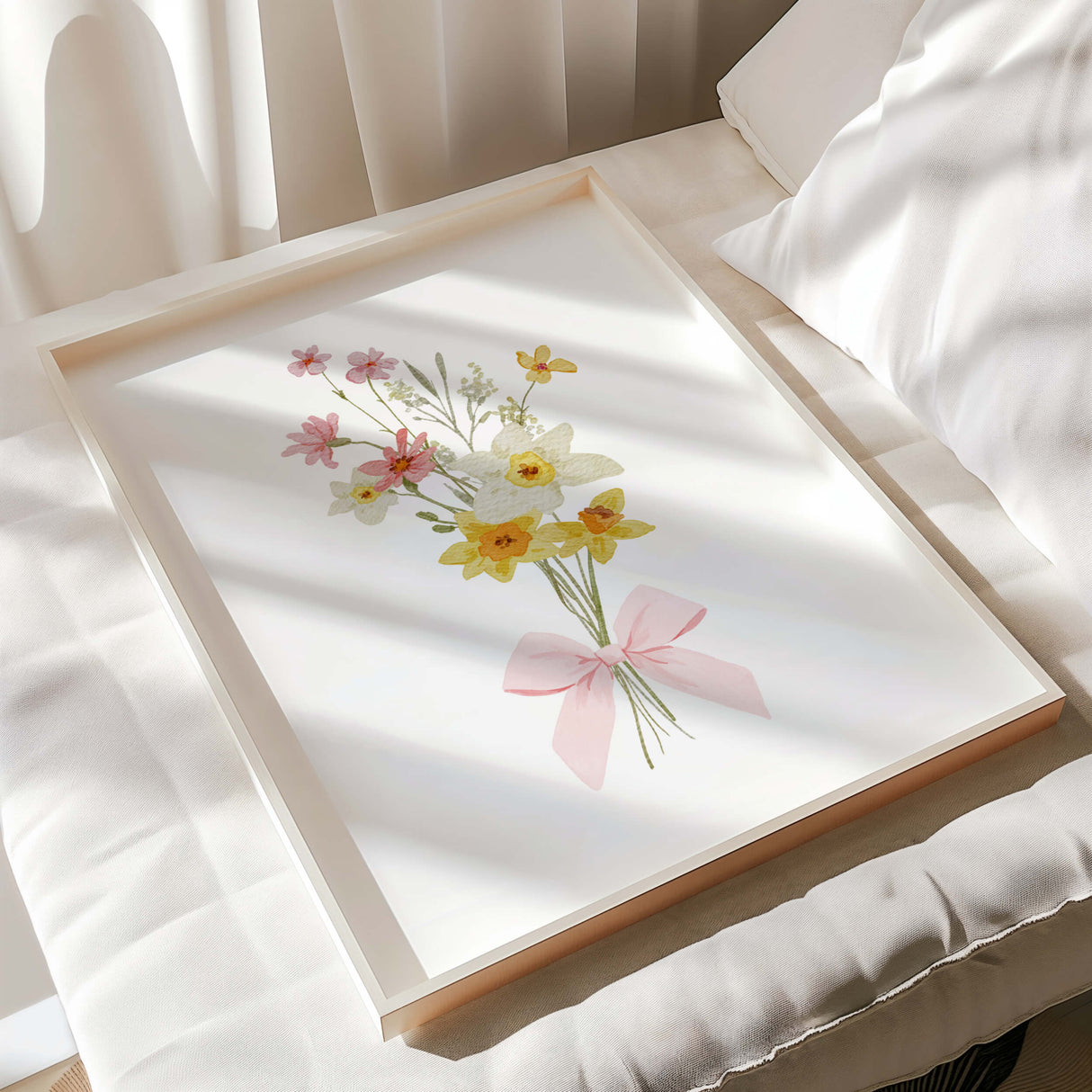 vintage-inspired pink floral printable wall art set with bow and wildflower illustration