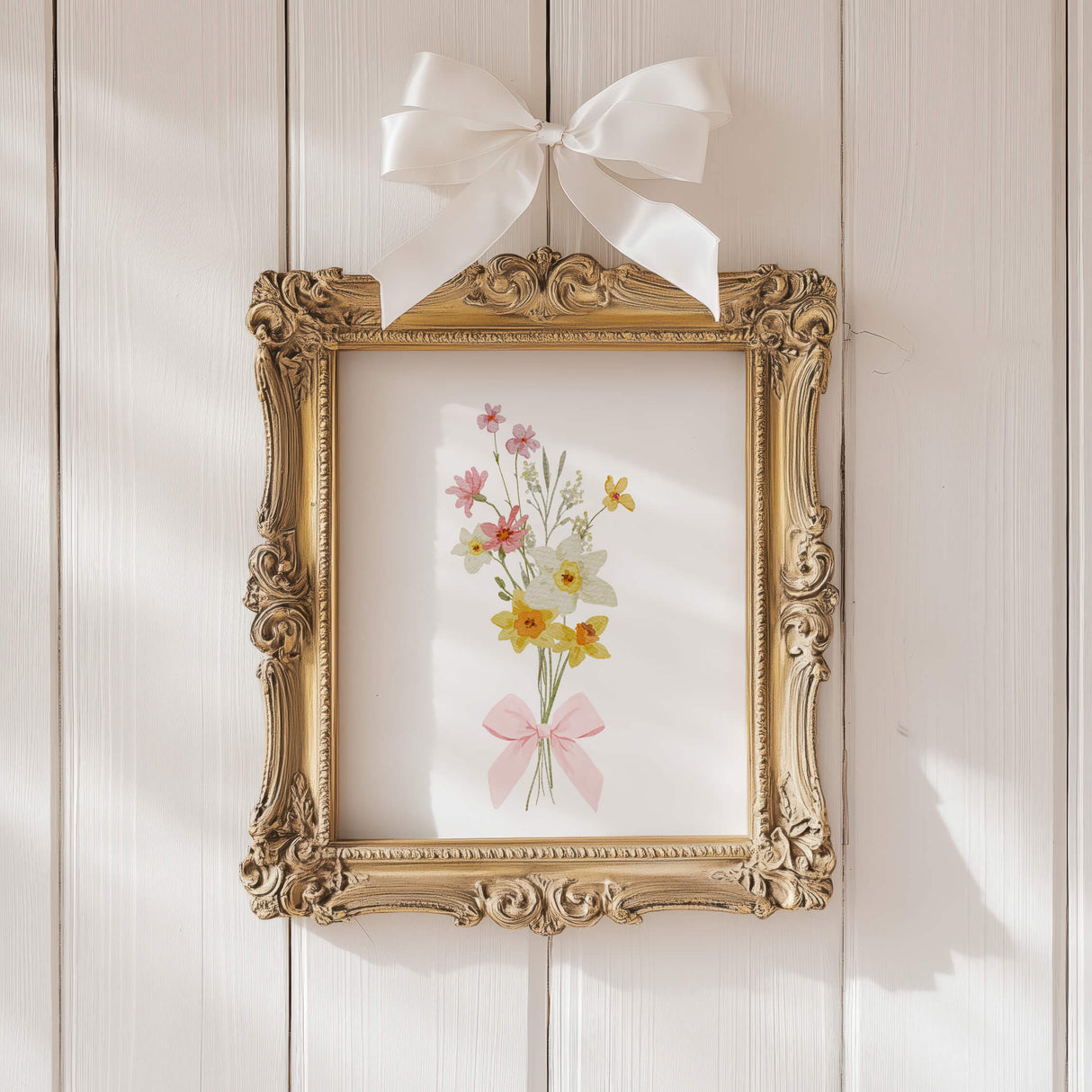 pastel wildflower bouquet prints digital download wall art with pink ribbons and neutral background