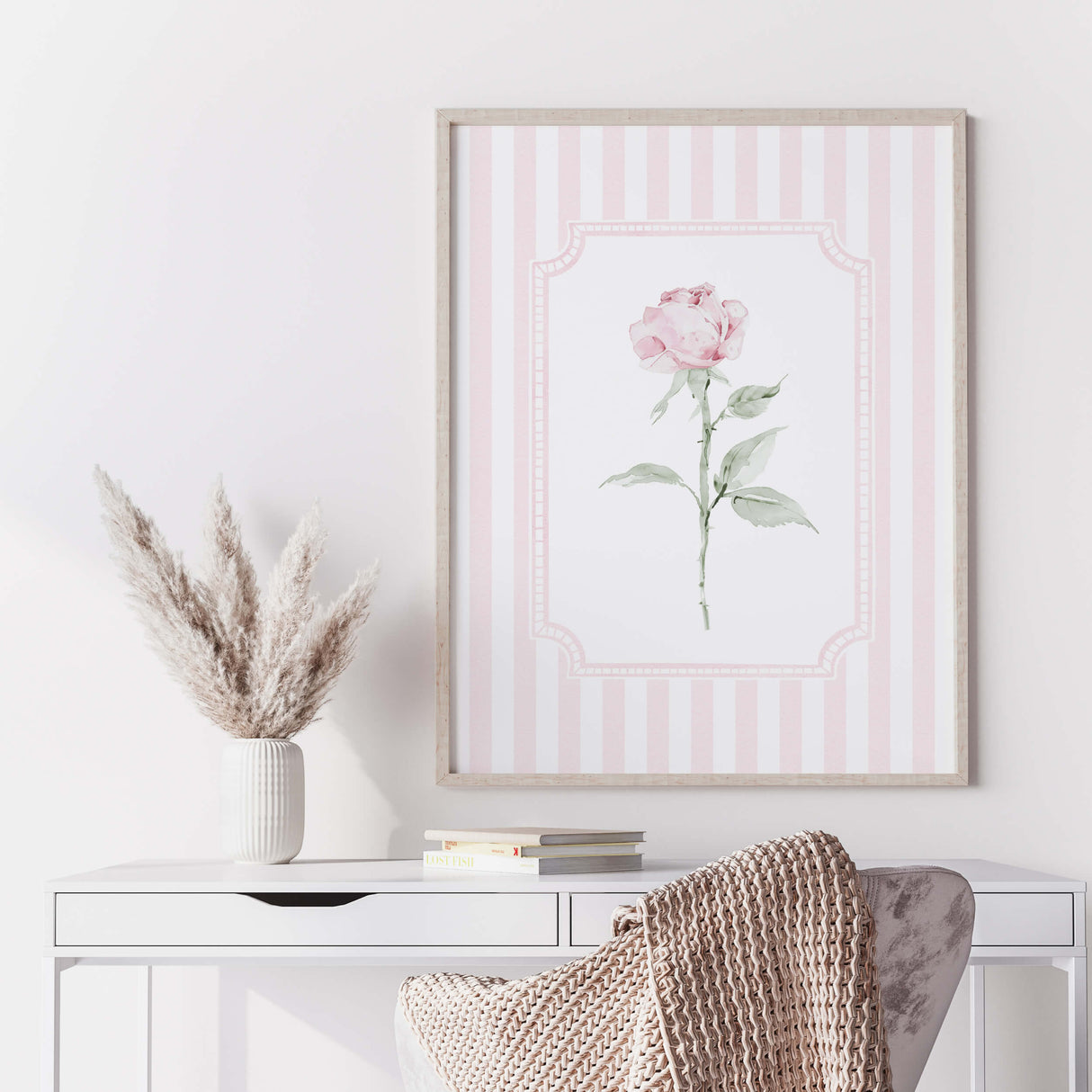 Botanical rose printable art pink flower wall print instant digital download for home decor
