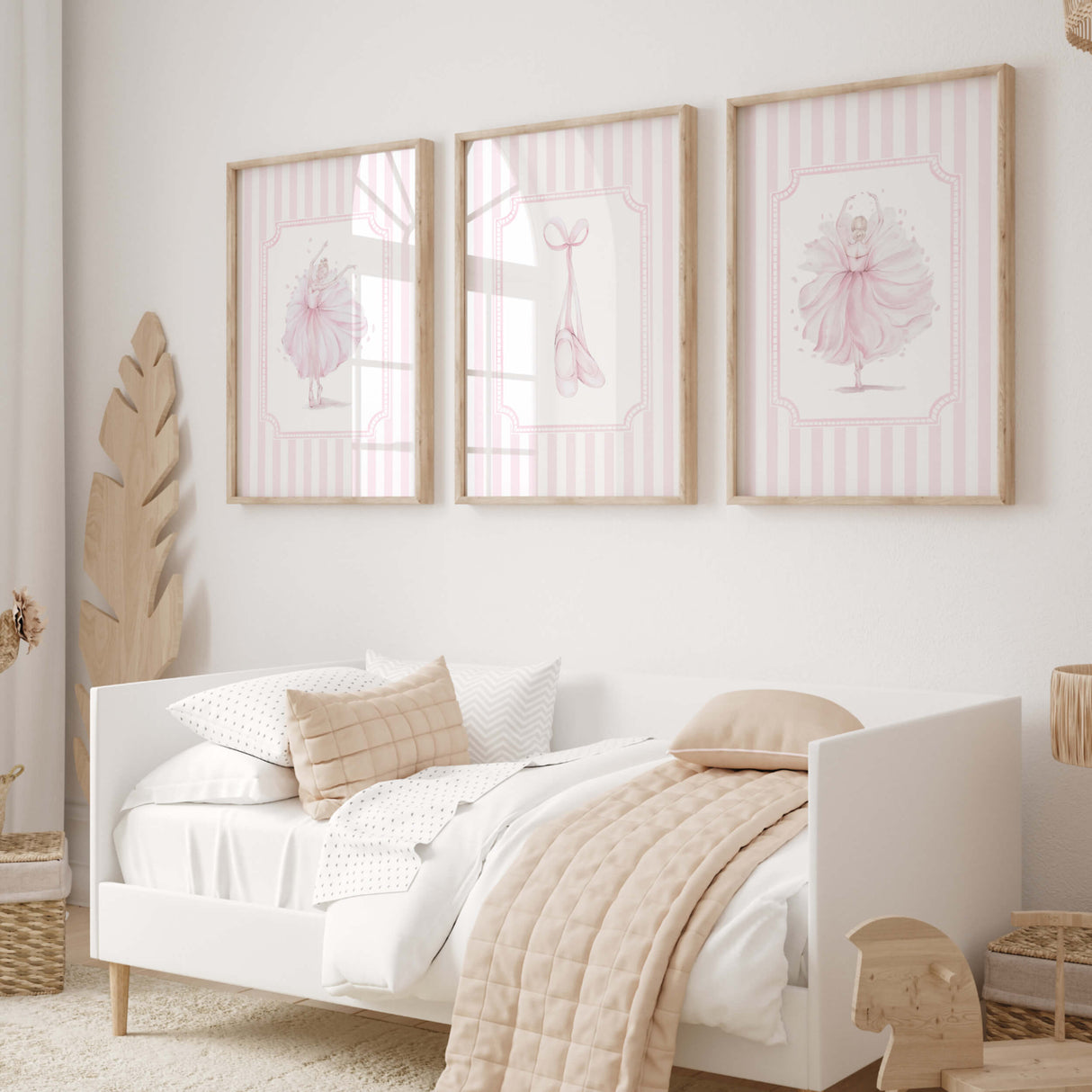 Soft pink ballerina wall prints for feminine nursery and playroom styling