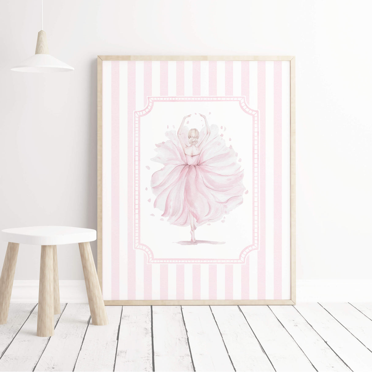 Light pink girly nursery wall print set featuring ballet and dance motifs