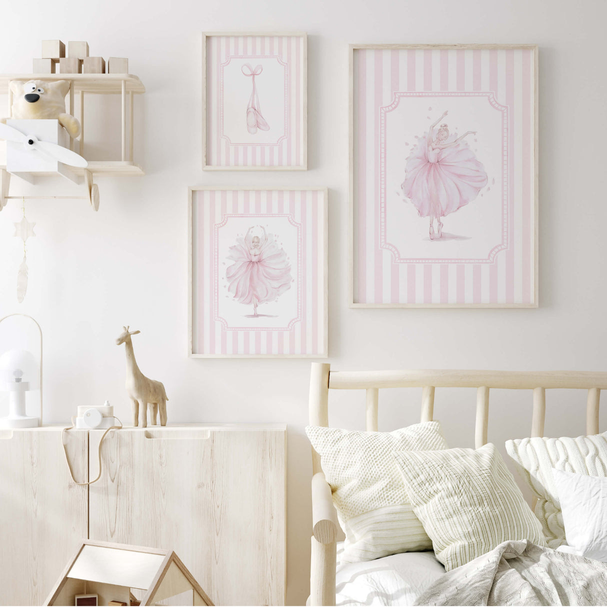 Ballet shoes and dancer digital art set with elegant pastel pink frame