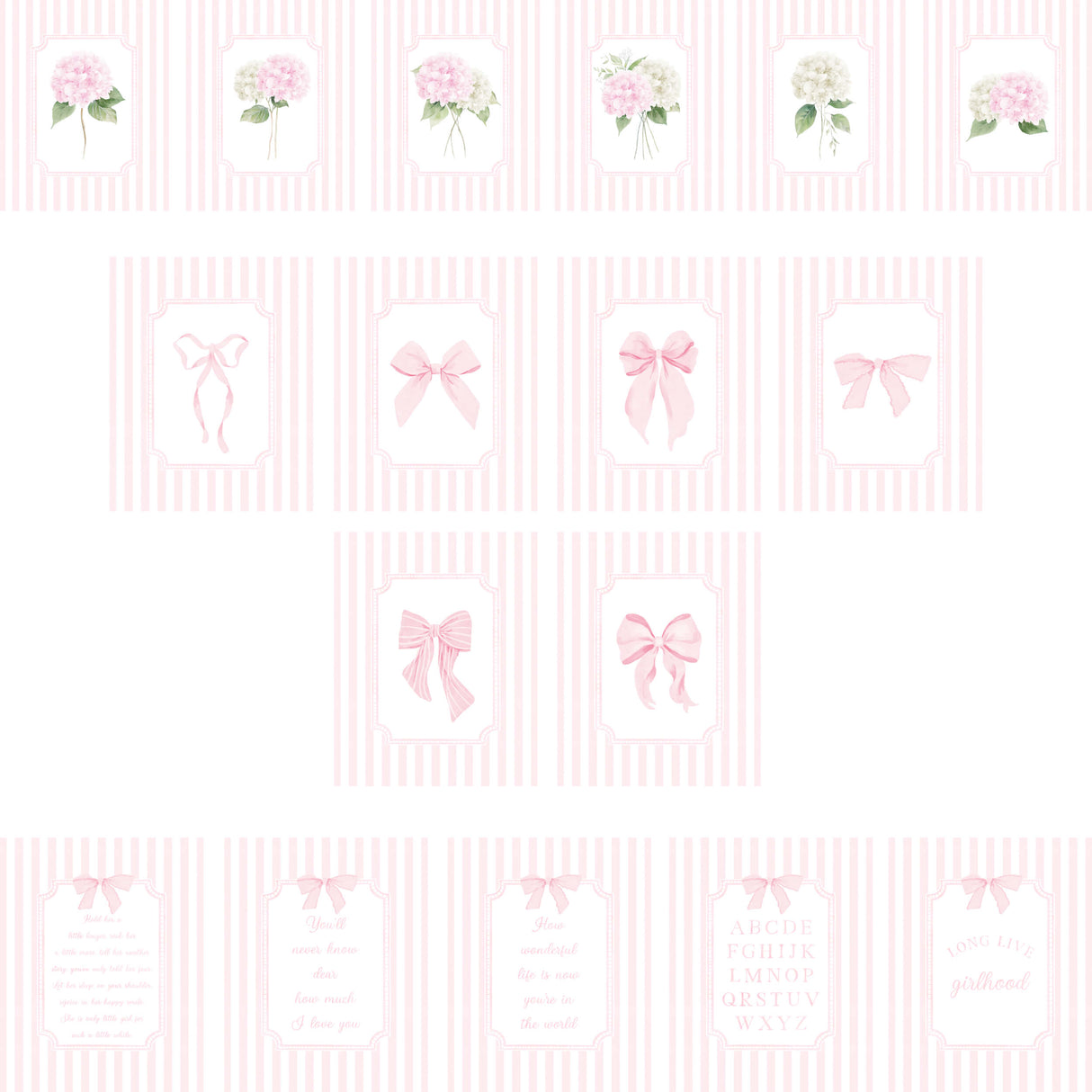 Elegant pink hydrangea and coquette bow nursery gallery wall printable floral art with initial letters