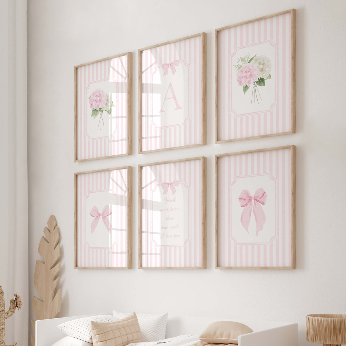 Soft pink striped hydrangea nursery prints with flowers bows and initial letter wall art